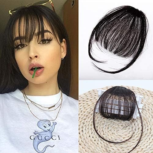 Clip in Air Bangs Human Hair Black One Piece Clip in Fringe Hair Extensions Natural Color for Women (Black)