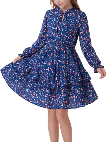 Girls Fall Dresses Size 8 7-8 Dark Navy Blue Bluey Floral Flower Ruffle Layered Midi Dress Vestidos para Niñas at Amazon
