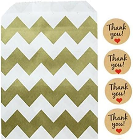 24 Pack of Gold Chevron Kraft Treat Sacks Wedding Candy Bags Decorative Paper Bags Party Goody Treat Bags with Kraft Paper Thank You Adhesive Labels
