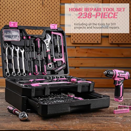Pink Tool Kit Box Drill Set: DEKO 238 Pieces Home Mechanic Toolbox with 12V Power Cordless Drill Hand Repair Tools Sets Combo Kits Storage Organizer Drawer Case for Women