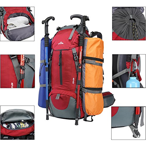 seenlast 50L Unisex Travel Hiking Backpack Outdoor Sport Daypack Water-Resistant Bag with Rain Cover for Climbing Camping Touring Mountaineering(Red)