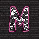 Zebra Letter M Iron On Rhinestone Crystals and Pink Rhinestud T-Shirt Transfer by Jubilee Rhinestones