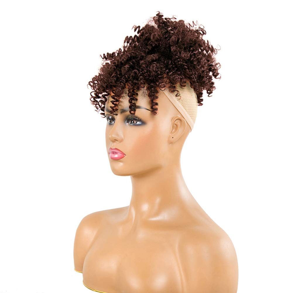 Ombre High Puff Afro Kinky Curly Hair Ponytail Clip in Bangs with Drawstring Ponytail Bun Extensions for Black Women 4# Black Brown
