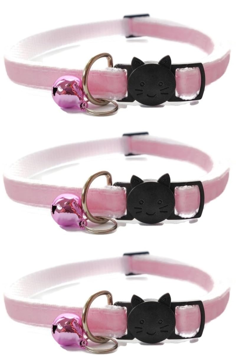 Velvet Cat Collars with Bell. Safe Breakaway Quick Release Buckle. Available in Cat & Kitten Size (Pack of 3) (Kitten Collar (15cm - 23cm), Baby Pink Velvet (Pack of 3))