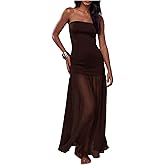 GORGLITTER Women's Strapless Mesh Maxi Dresses Cocktail Wedding Guest Prom Sexy Backless Bodycon Tube Top Dress