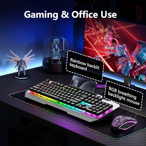 AULA Gaming Keyboard and Mouse, 104 Keys RGB Backlit Computer Keyboard with Numeric Keypad, All-Metal Panel Wired PC Keyboard for Laptop Win XP/7/8/10, T102