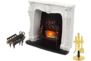 iLAND Dollhouse Furniture and Accessories of Dollhouse Fireplace on 1/12 Scale w/Fire Light & Fireplace Tools & Tong & Firewood Rack (Rococo 4pcs)