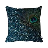 HLPPC ® Print Glittery Aqua Peacock Feather Pillow Case Square Decor Polyester Cushion Covers 16 x 16 Inches One Side(PLEASE NOTE: The Cover Has NO Glittering Beads)