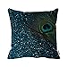 HLPPC ® Print Glittery Aqua Peacock Feather Pillow Case Square Decor Polyester Cushion Covers 16 x 16 Inches One Side(PLEASE NOTE: The Cover Has NO Glittering Beads)