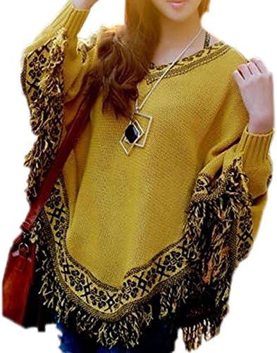 PianPian Women's Batwing Sleeve Tassels Hem Cloak Knitting Sweater Yellow