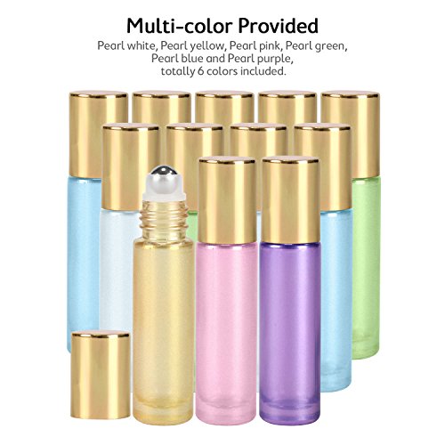 Pearl Colored Essential Oil Roller Bottles - 12 Pack, 10ml Glass Roller Bottles for Essential Oils By Mavogel, 3 Extra Roller Balls, 24 PiecesÂ Labels, Droppers, Opener, Funnel and Brush Included