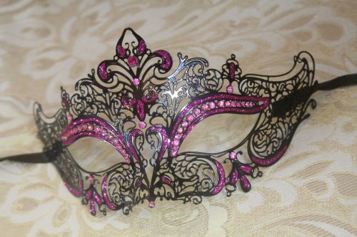Black Luxury with Pink Glitter Princess Venetian Masquerade Mask with Pink Diamonds