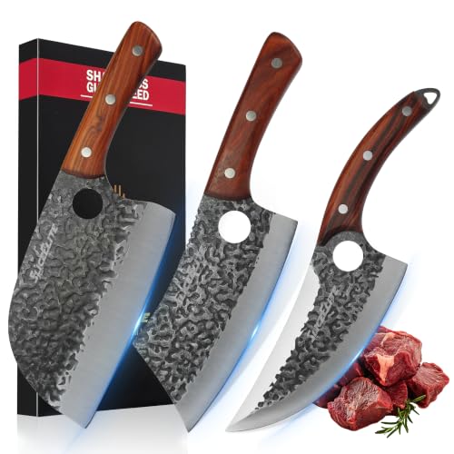 SliceElite Hand-Forged Professional Butcher Knife (3 PC BUTCHER KNIFE SET W/SANDLEWOOD HANDLES)