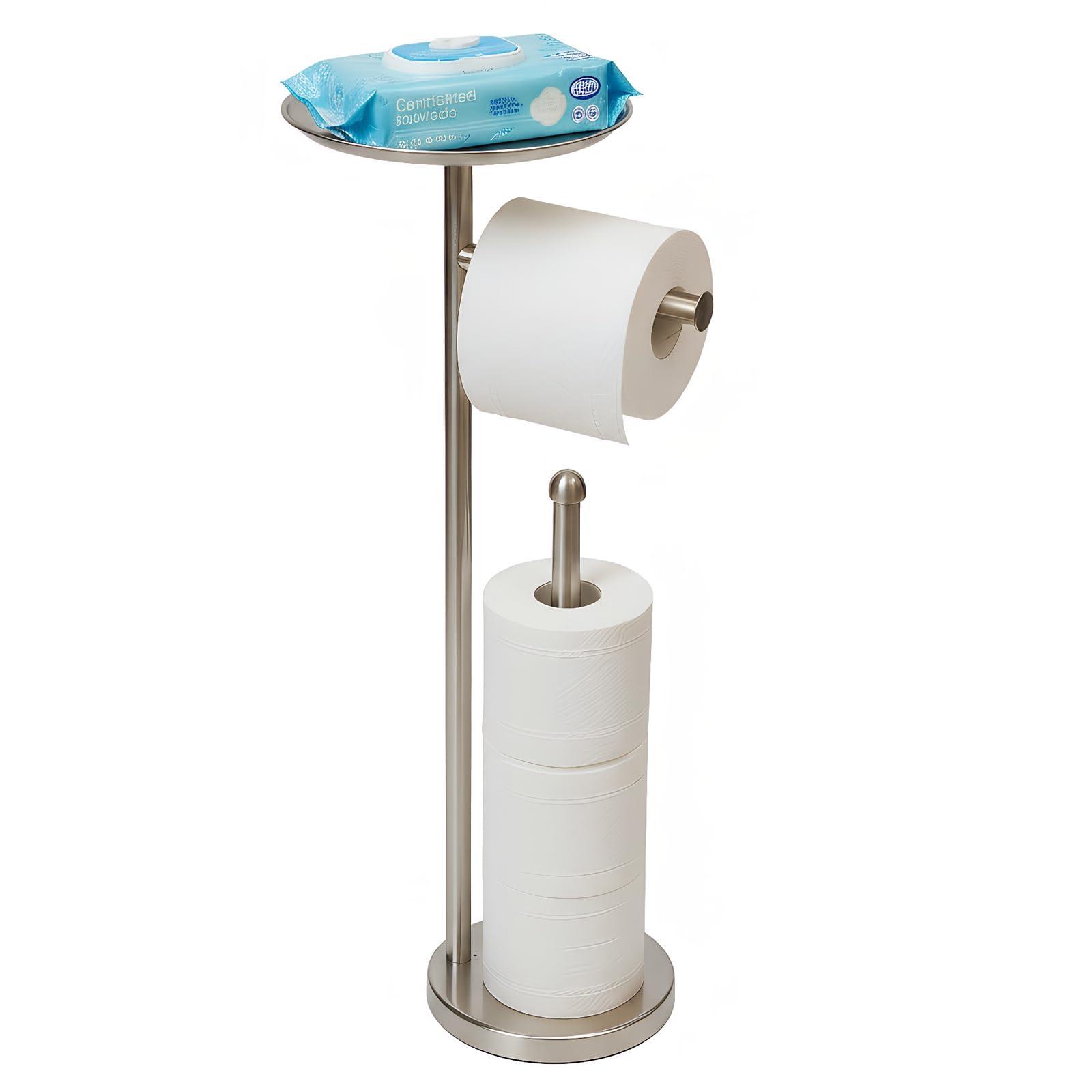 Sfemn Toilet Paper Holder Stand, Toilet Paper Stand Brushed Nickel, Free Standing Toilet Paper Holder, Toilet Paper Holder with Shelf and Storage (Brushed Nickel)