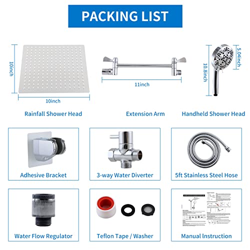 High Pressure Shower Heads Combo, 10\'\' Stainless Steel Anti Clog Shower Head and 10-Modes Chrome Finish Handheld Spray with Adhesive Holder & 60\'\' Hose, Adjustable Extension Arm & 3-Way Water Diverter