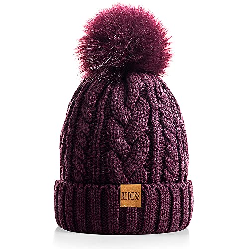 REDESS Women Winter Pompom Beanie Hat with Warm Fleece Lined, Thick Slouchy Snow Knit Skull Ski Cap at Amazon