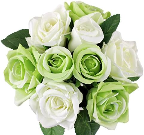 Homeditor Artificial Flowers,Fake Roses for wedding,Party and Home decor,Real Touch silk roses for Bridal Bouquet with 9 roses (White Green)