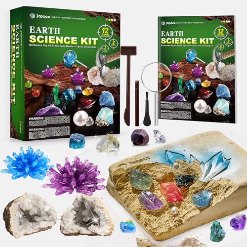 Japace Excavation Set for Children, STEM Science Toy Gemstones Digging, Geodes to Break Up Set, Crystals Growing Kit Gifts Boys Girls Grinding Hammer
