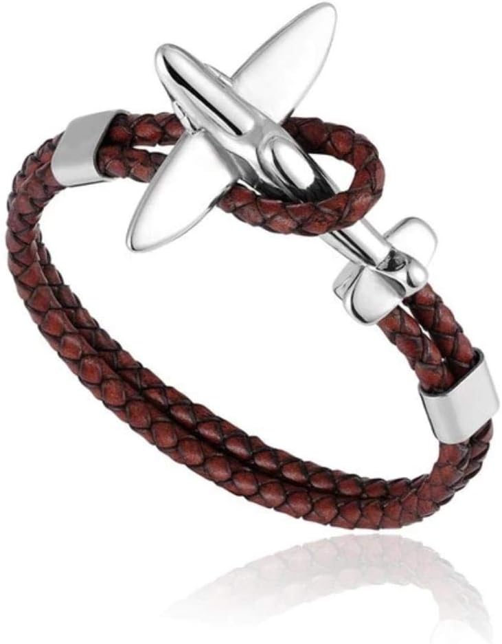 Airstream Titanium Stainless Steel Retro Airplane Anchor Bracelet Multilayer Genuine Leather Bracelet for Men Women Friendship Gifts
