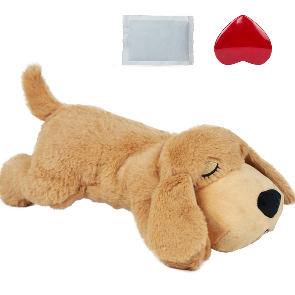 vocheer Puppy Heartbeat Toy, Dog Anxiety Relief Calming Aid Puppy Heartbeat Stuffed Animal Behavioral Training Sleep Aid Comfort Soother Plush Toy for Puppies Dogs Cats (Light Brown)