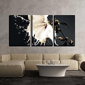 3 Piece Canvas Wall Art - White Flowers with Milk Splash on Dark Background - Modern Home Art Stretched and Framed Ready to Hang - 16"x24"x3 Panels