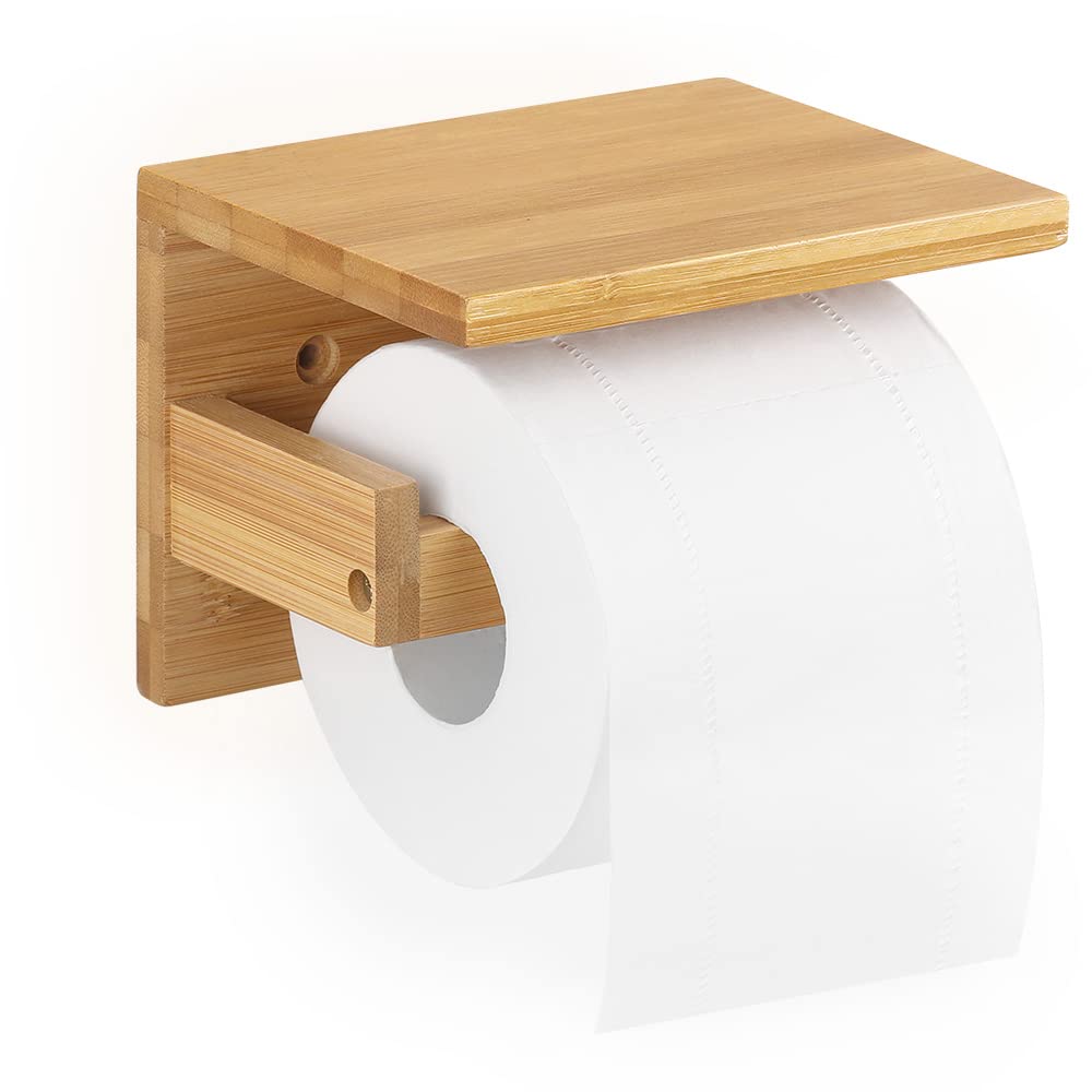 ecooe Toilet Paper Holder, Bamboo Paper Holder, Wall Holder with the Spacious Shelf, Paper Roll Holder for Toilet Kitchen and Bathroom