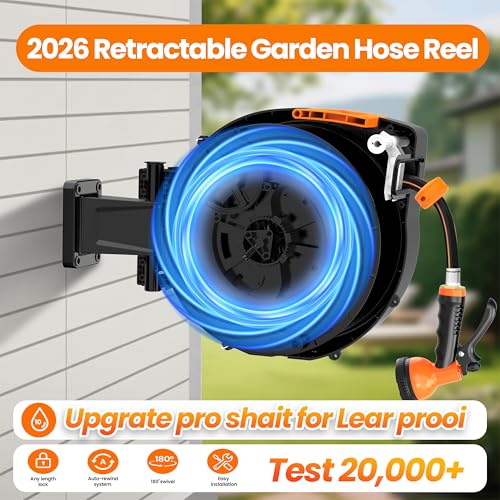 Retractable Garden Hose Reel, 1/2 in x 100 ft Wall Mounted Hose Reel Heavy Duty with 10-Function Sprayer Nozzle, Any Length Lock, Slow Return System, 180°Swivel Bracke for Large Yard Lawn Car Washing