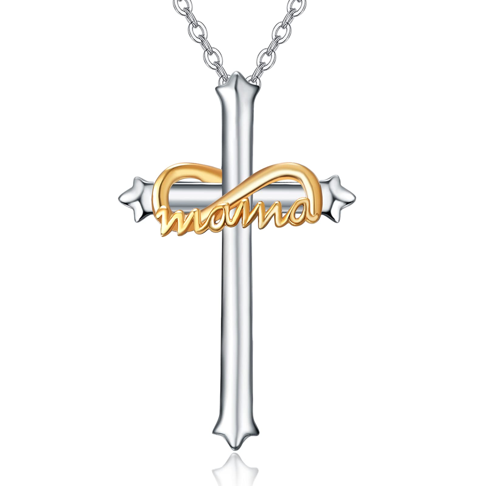 KINGWHYTE Mama Cross Necklace 925 Sterling Silver Gifts for Mum Infinity Cross Pendant Necklace Mothers Day Jewellery for Mum Wife Grandmother