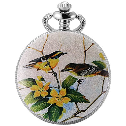KS Half Hunter Mother Of Pearl Dial Magpie Bird Ceramic Pattern Date Quartz Pocket Watch KSP079
