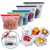 JYDDOR Reusable Silicone Food Storage Bag (5pk) + Bonus reuseable Mesh Produce Bags - Reusable Sandwich bags| Ziplock for freezer | Zip Top Silicon Containers for Lunch Snack Fruit veggie