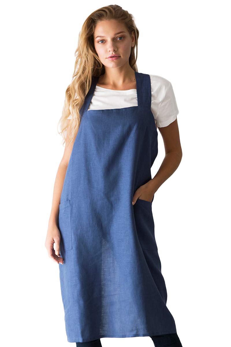 Bunny Street Pinafore Apron - Premium Quality Linen Japanese Apron for Women - No Ties Cross Back Apron for Kitchen, Craft, Garden - Coastal Blue Smock