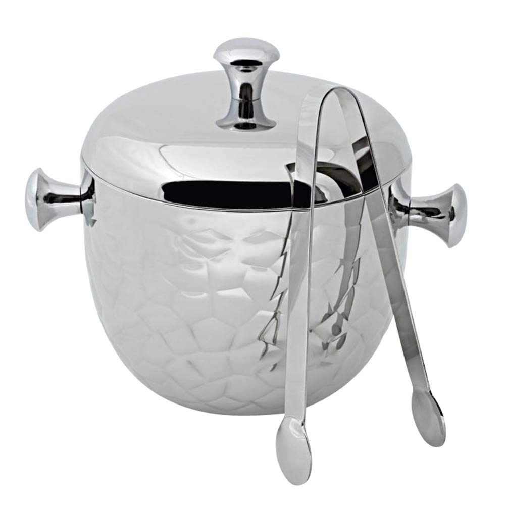 EDZARD Ice Bucket Rico, with lid and ice Tongs, Stainless Steel high Gloss Polished, Hammered, Height 18 cm