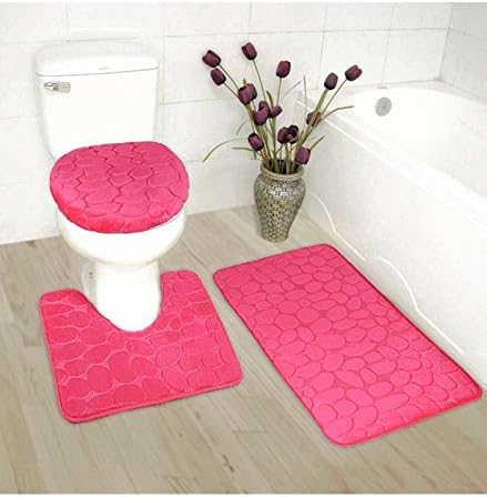 3pc Bath Rug Set Memory Foam Non-Slip Bathroom Rug Contour, Mat and Toilet Lid Cover Hot Pink New