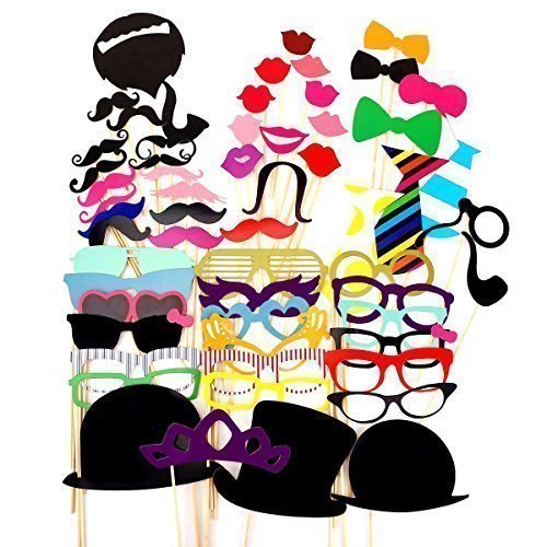 Idealgo hot sale Photo Booth Props 58 piece DIY Kit for Wedding Party Birthdays Photobooth Dress-up Accessories Party Favors, Costumes with Mustache on a stick, Hats, Glasses, Mouth, Bowler, Bowties