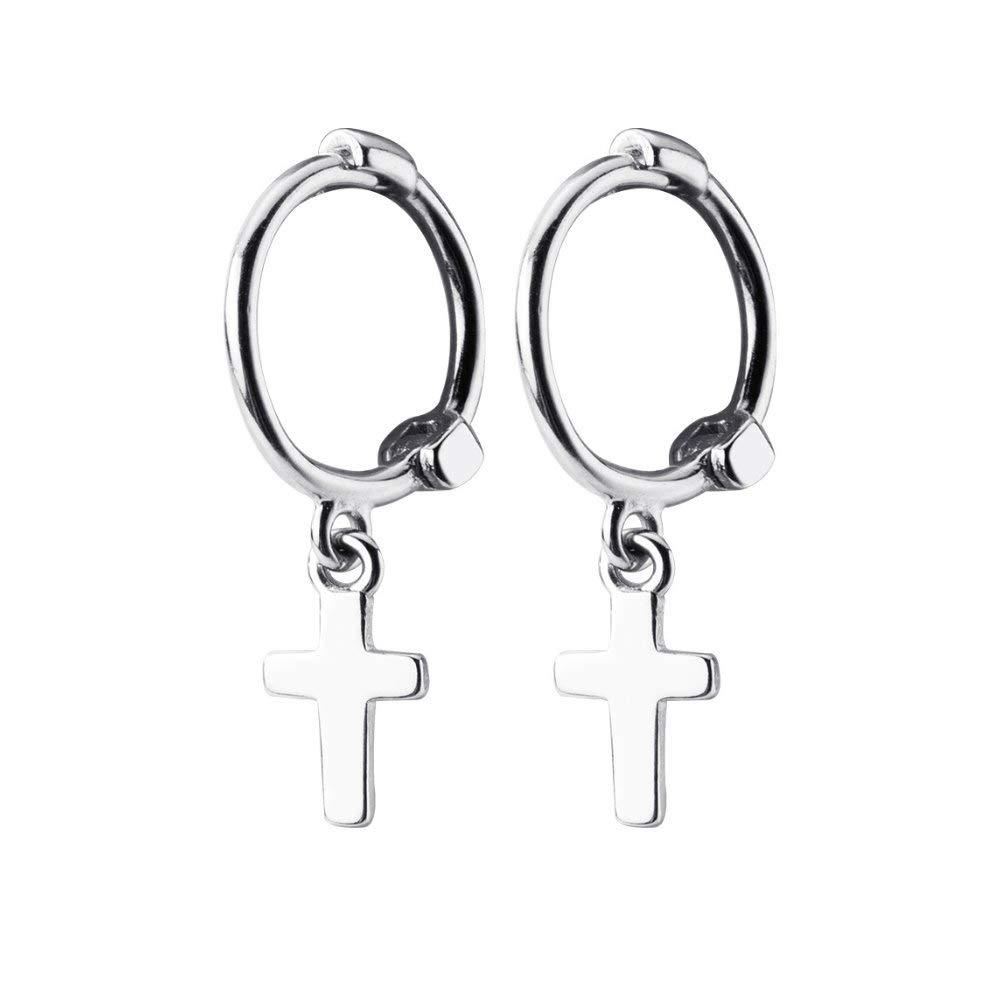 Cross Dangle Small Hoop Sterling Silver Earrings Endless Hoops 8mm Huggie Christian Earring for Women Girls