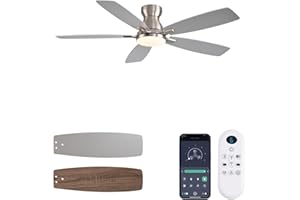 JSAITEE Ceiling Fans with Lights, 52 Inch Low Profile Ceiling Fan with Light and Remote Control, Flush Mount, DC Reversible Motor, Noiseless, Nickel 6 Speeds Ceiling Fan for Bedroom