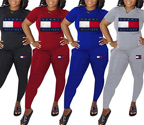 Womens Plus Size 2 Piece Outfits Letter Print Short Sleeve Pullover Top and Leggings Set Tracksuit Romper
