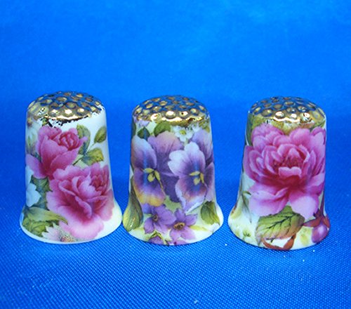 Birchcroft Porcelain China Collectable Thimbles - Set of Three Gold Summer Flowers