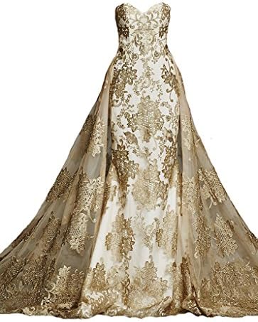 Rachel Weisz Women's Taffeta Golden Appliques Sweetheart Removable Train Bride Wedding Dresses Gold US2