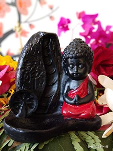 The Craftsman Meditating Monk Buddha Smoke Backflow Cone Decorative Incense Holder with 10 Free Big Smoke Backflow Scented Cone Incenses (9 cm x 5 cm x 10, Red)