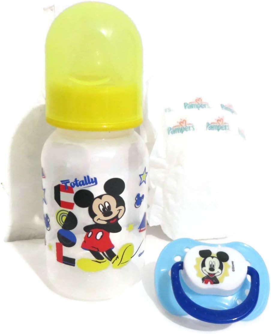 Baby Doll Bottle DIY Set with Pacifier, 5oz Mickey Bottle, Diaper Compatible with Baby Alive Super Snacks Snackin LUKE or Reborn Doll - NO DOLL - Colors /Designs Our Choice and Will Vary