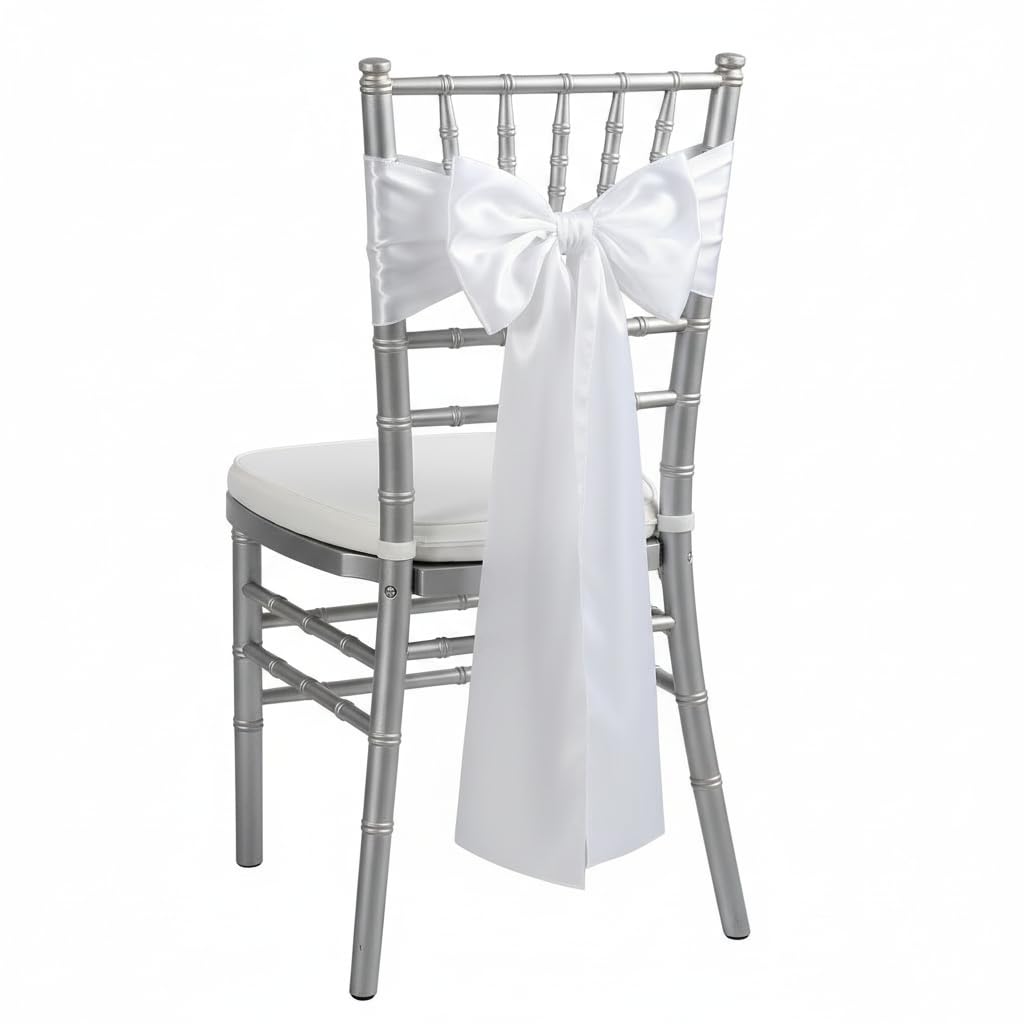 iEventStar Satin Sash Sashes Chair Bow Bows Cover Wedding Banquet Party Chair Decoration (White, 50) — image 1