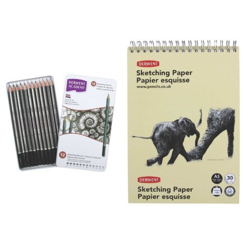 Derwent Academy Sketching Pencils Tin 6B-5H (Set of 12) with Derwent A5 Portrait Sketch Pad, Wirebound Spine, 30 Sheets of Acid Free 165gsm Sketching Paper