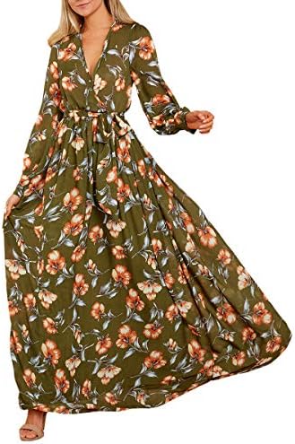Womens Boho Floral Chiffon Deep V Neck Wrap Long Sleeve Flowy Party Maxi Dresses with Belt