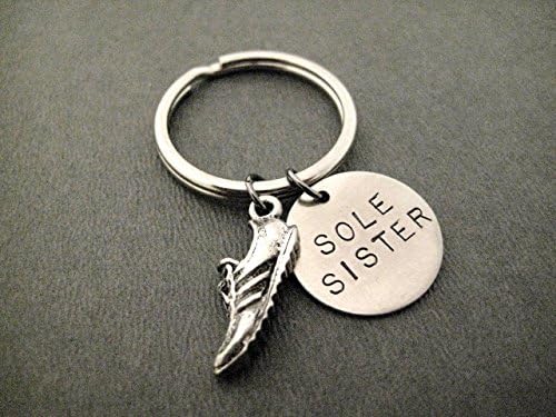 SOLE SISTER with Run Shoe Charm Key Chain/Bag Tag - Pewter Running Shoe Charm and Hand Stamped Round Nickel Silver Pendant on Stainless Steel Round Key Ring