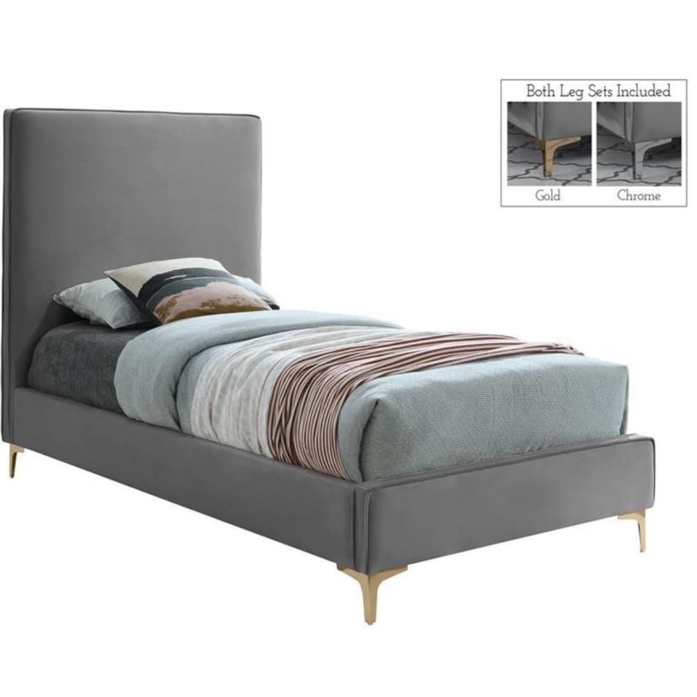 Photo 1 of **ONLY BOX 1 OF 2**Meridian Furniture Geri Collection Modern | Contemporary Velvet Upholstered Bed with Piping on Headboard and Foorboard in Gold or Chrome Finish, Twin, Grey