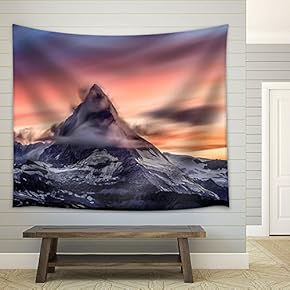 Mountain with Flowing Cloud at Sunset - Fabric Wall Tapestry Home Decor - 51x60 inches