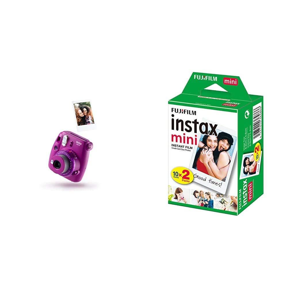 Instax Mini 9 Clear Camera with 10 shots, Purple & Mini Film, 20 Shot Pack