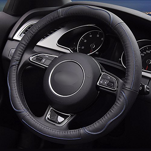 LOCEN Genuine Leather Steering Wheel Cover - B STYLE - Black with Blue Line (Outer Diameter 37CM-38CM)