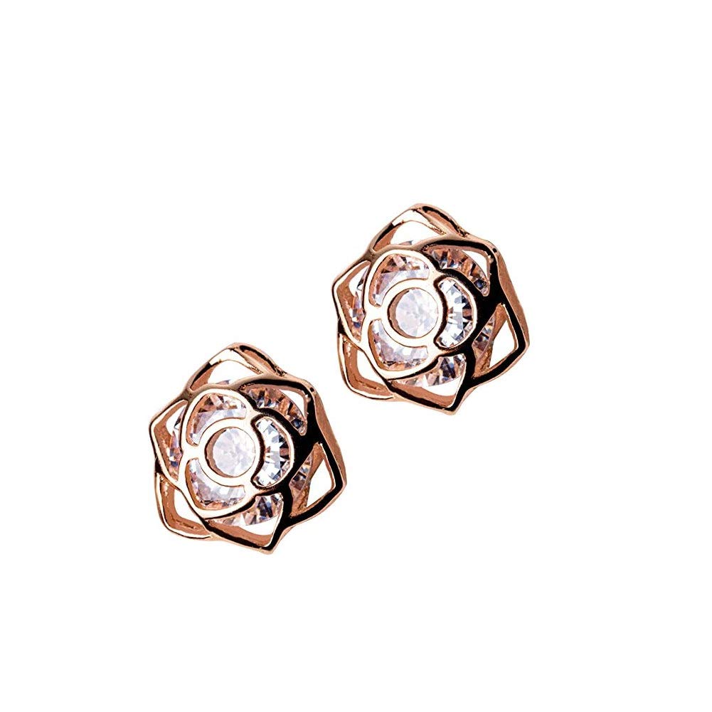 Rose Flower Stud Earrings Sterling Silver for Women Teen Girls Cubic Zirconia Pure Brilliance CZ Wedding Earring Ear Studs Hypoallergenic Nickel Free (Rose Gold)